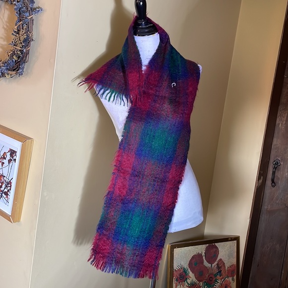 Wool Angora Winter Scarf UNISEX Fringe Edges 9”W x 46”L Plaid Vibrant $160 NEW - Picture 2 of 15